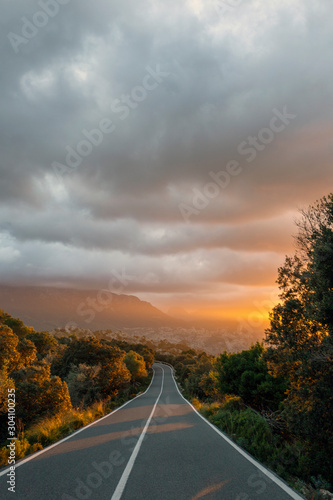 Beautiful sunset over a mountain road in Mallorca