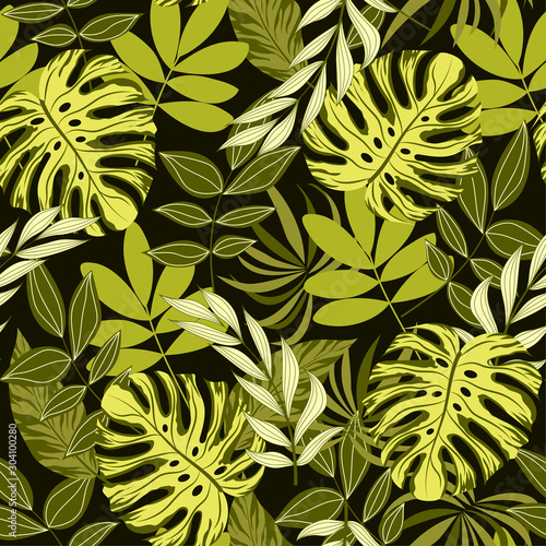 Tropical seamless pattern with green plants and leaves on a dark background. Vector background for various surface. Exotic wallpaper, Hawaiian style. Jungle leaves.