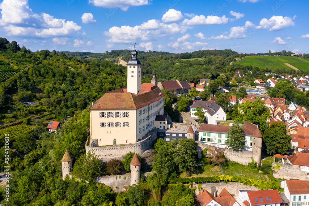 Aerial view, Horneck Castle, Castle of the Teutonic Knights, Gundelsheim, Odenwald, Baden-Württemberg, Germany,