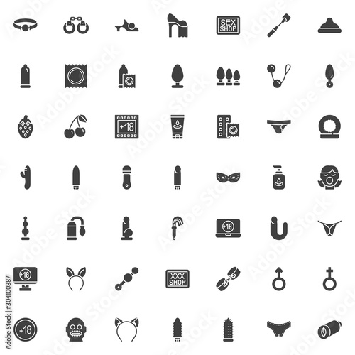 Sex shop vector icons set, modern solid symbol collection filled style pictogram pack. Signs, logo illustration. Set includes icons as Ball gag, handcuffs, condom, butt anal plug, lubricant, dildo toy