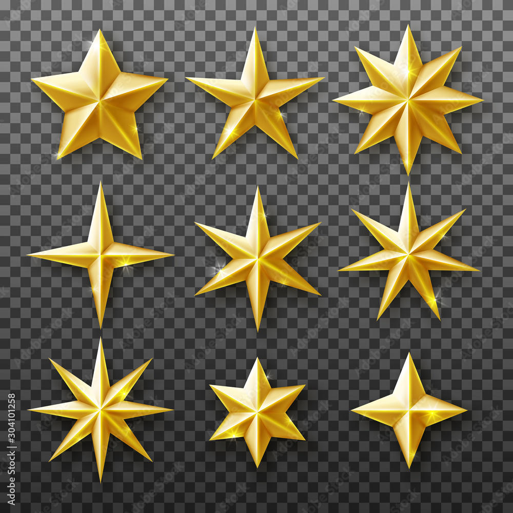 Gold star set isolated on transparent background. Vector realistic decoration - obrazy, fototapety, plakaty 