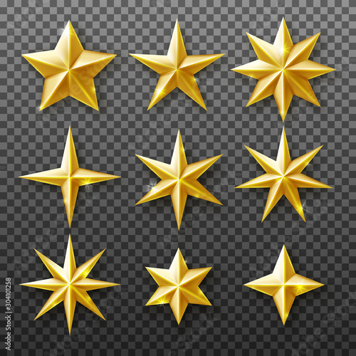 Gold star set isolated on transparent background. Vector realistic decoration