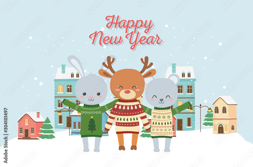 Fototapeta premium happy new year 2020 celebration cute deer rabbit bear town sown