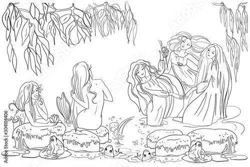 Evening pond, mermaids with long beautiful hair, willow branches, river plants and flowers, frogs, mermaids dance, vector illustration, outline drawing, coloring book