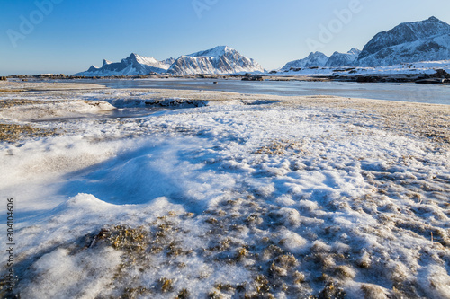 Beautiful winter landscape on Lofoten islands at a sunny day