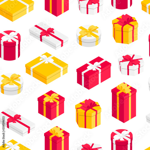 Isometric gift seamless pattern. Different surprise present box with bow on white, background. New year, Christmas, birthday, holidays 3d texture for paper, fabric, decor, wrap. Vector illustration
