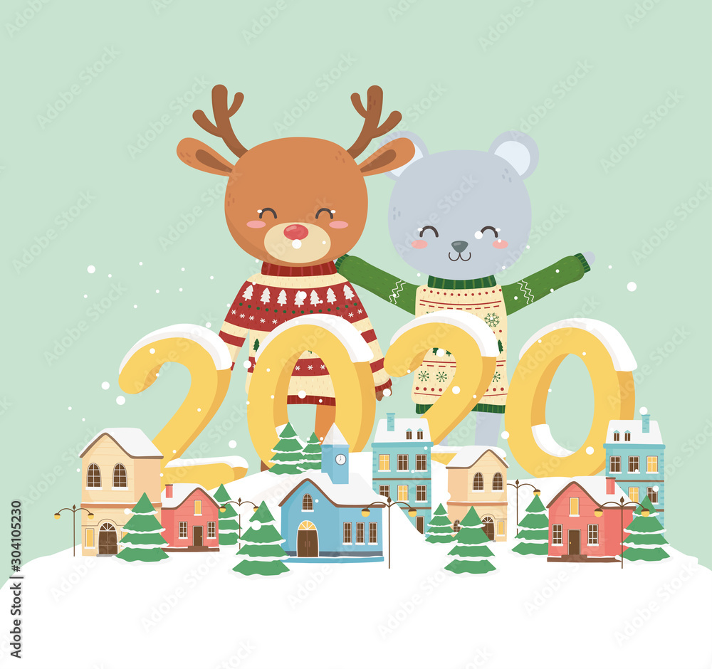 happy new year 2020 celebration cute bear reindeer with sweater town houses snow decoration