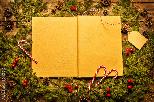 Christmas background - blank book with decorated pine branches