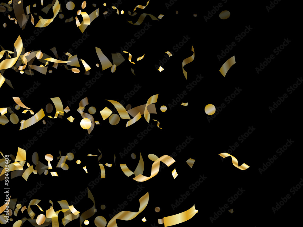 Fototapeta premium Holiday realistic gold confetti flying on black background.