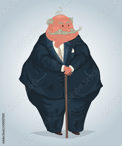 Portrait of senior businessman with mustache and stick, wearing dark blue suit. Banker cartoon character. Business, finance, monopoly, money. Vector illustration