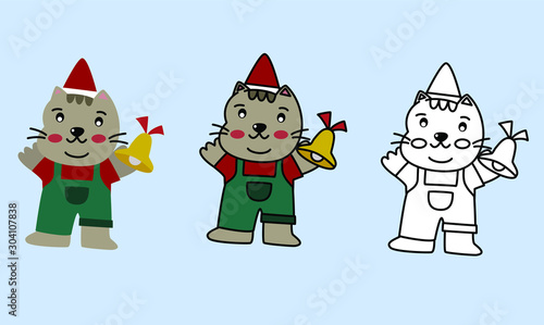 vector of 3 styles of cat or kitten in Christmas costume and decoration bell illustration