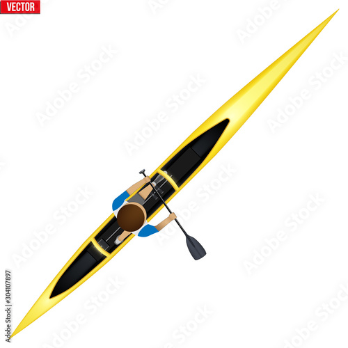 Single canoe and paddler. Top view of Equipment whitewater sprint canoeing. Vector Illustration isolated on white background.