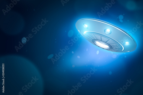 3d rendering of UFO with glowing lights on blue bokeh background with copy space.