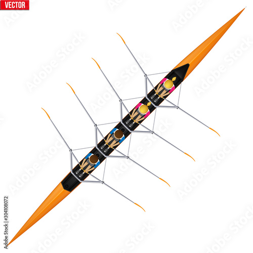 Four Racing shell with mixed paddlers for rowing sport. Four paddlers mixed race. Woman and Man and inside boat. Top view. Vector Illustration isolated on white background.
