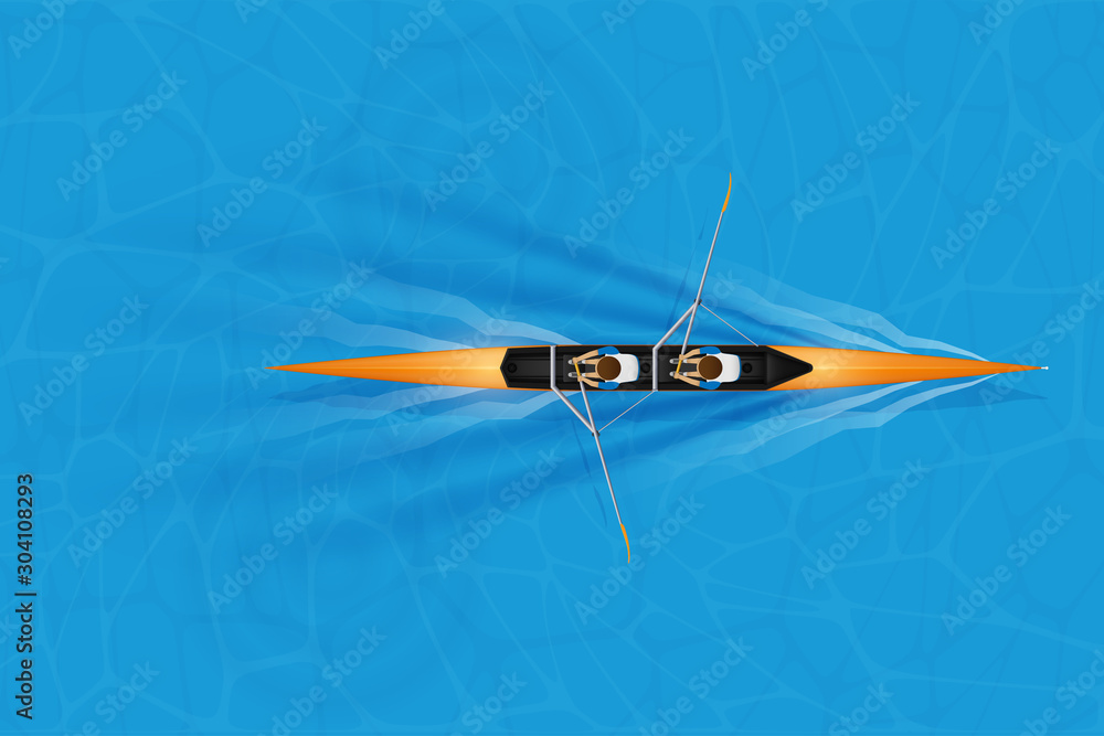 Double Racing shell with man paddlers for rowing sport on water surface. Two paddlers double race. Mans and boat. Top view. Vector Illustration Double Racing shell with man paddlers for rowing sport on water surface. Two paddlers double race. Mans and boat. Top view. Vector Illustration