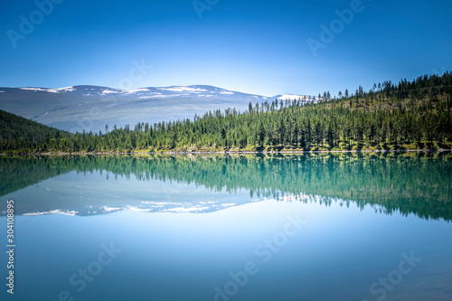 Perfect natural reflection in deep blue lake Norway