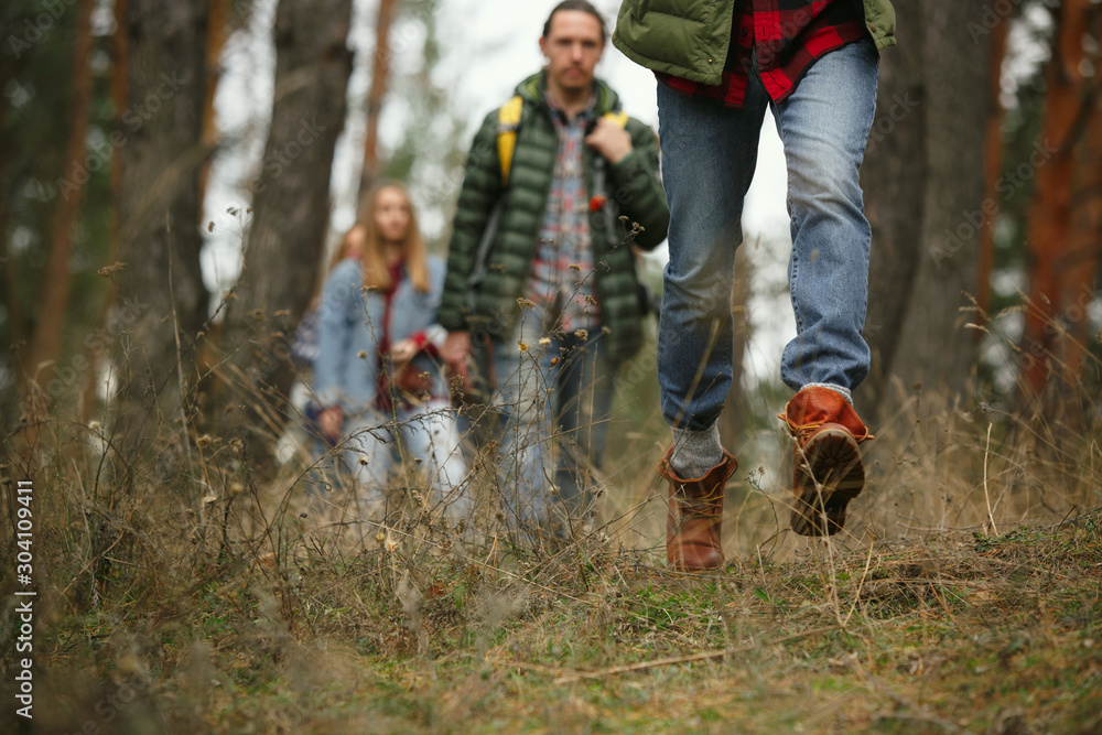 Obraz premium Group of friends on a camping or hiking trip in autumn day. Men and women with touristic backpacks going throught the forest, talking, laughting. Leisure activity, friendship, weekend.