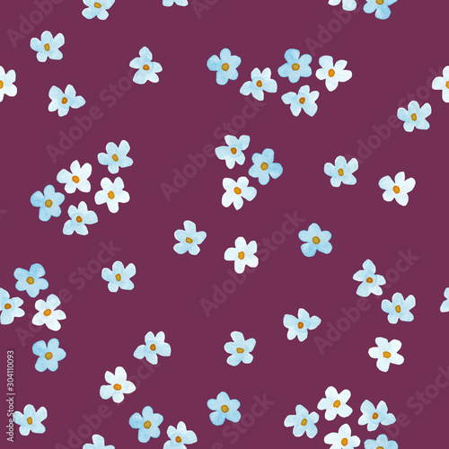 Little blue flowers watercolor painting - hand drawn seamless pattern on purple background