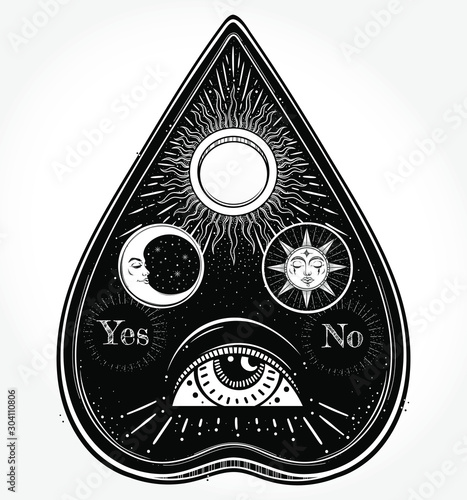 Bohemian hand drawn ouija that consists of pictures of the sun, moon, rays and Eye of Providence. Magi,Esoteric,spiritual,religion,,alchemy,occultism, tattoo art. Vector illustration. Vector Isolated. photo