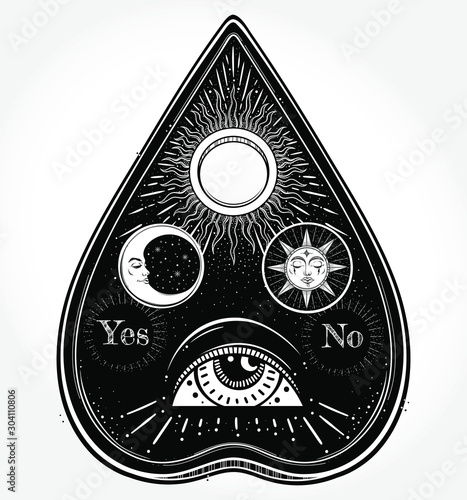 Bohemian hand drawn ouija that consists of pictures of the sun, moon, rays and Eye of Providence. Magi,Esoteric,spiritual,religion,,alchemy,occultism, tattoo art. Vector illustration. Vector Isolated.