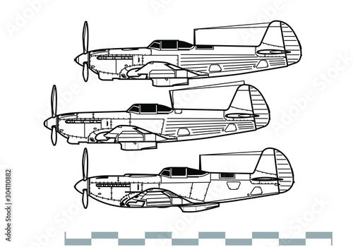Yakovlev Yak-9. Outline vector drawing