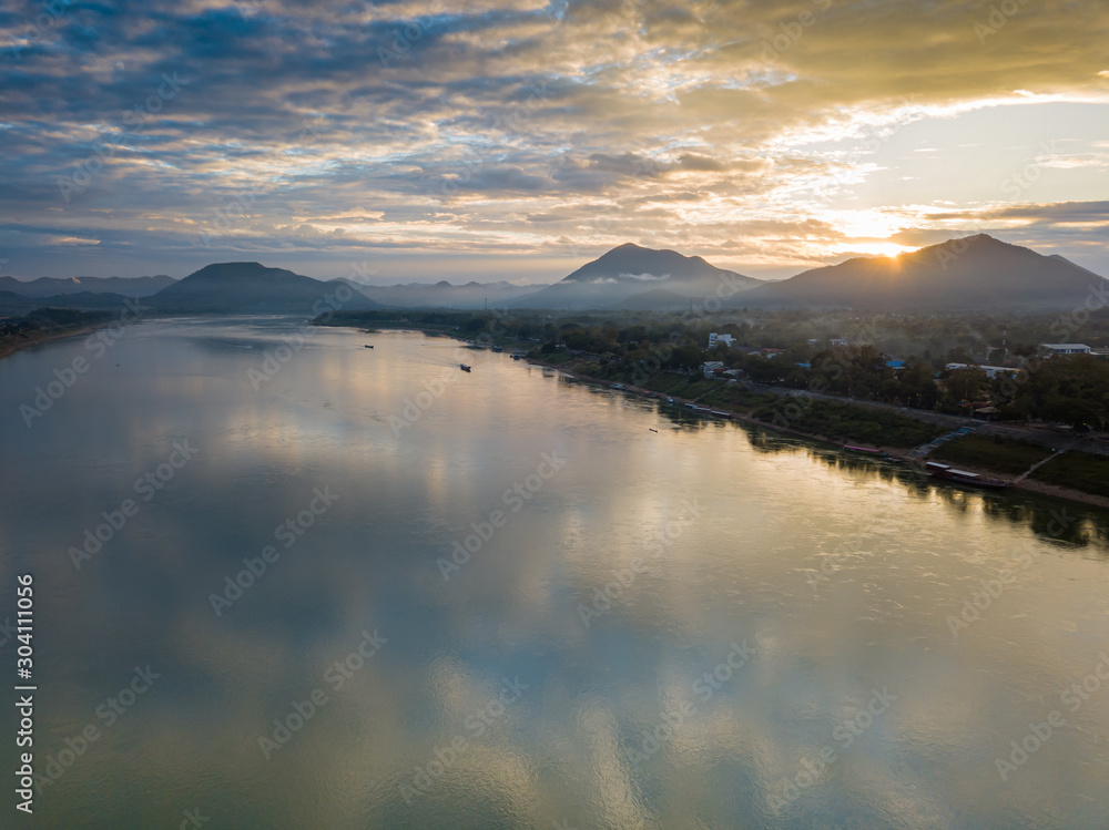 Beautiful sunrise on Mekong river,Ariel view