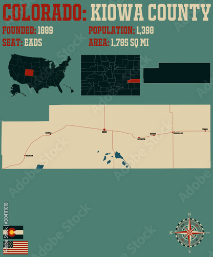 Large and detailed map of Kiowa county in Colorado, USA.