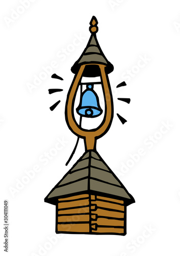 Photo wooden belfry, bell tower, typical Wallachian architecture, color clipart