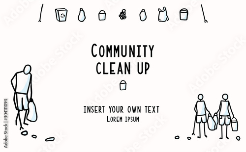 Community Clean Up Flyer with Stick Figures Trash Collecting. Concept of Sacve the Planet. Icon Motif for Environmental Earth Day Volunteer Invitation, Eco Beach Cleaning & Recycling. Vector Eps 10