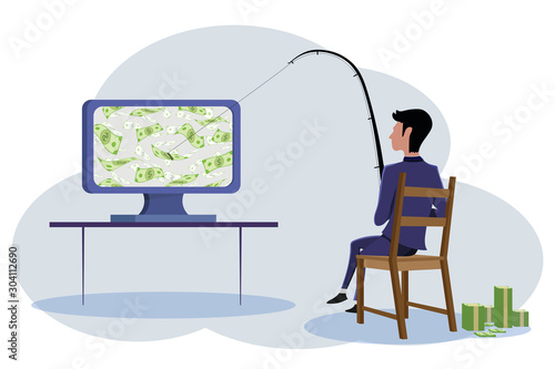 business man sitting Crossed legs relax, Chill on the chair fishing flying dollar bills money in laptop. concept for finance, business, chance,  job, online, internet. flat design illustration vector.