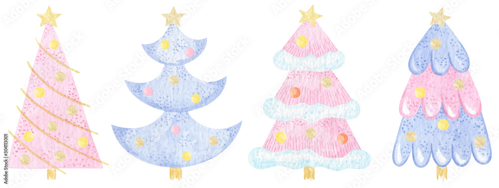Christmas trees in different styles. Watercolor set of stylized illustration. Christmas tree collection for holiday xmas and new year. Can be used for greeting card, invitation, posters, textile.
