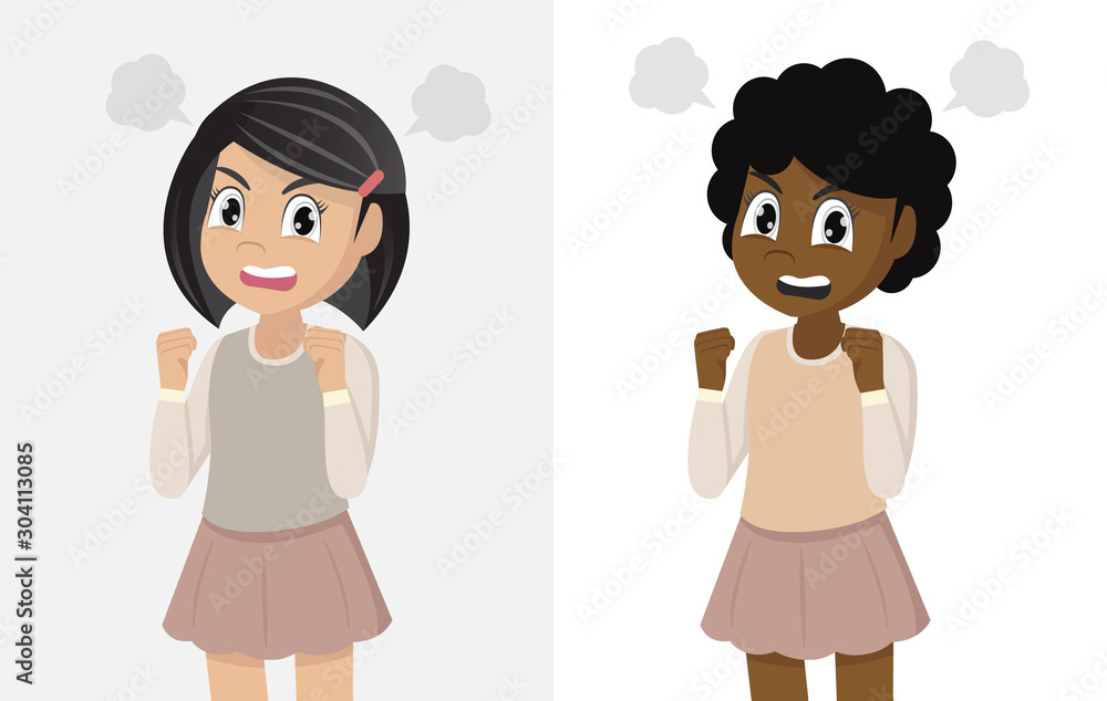 Cartoon character Poses, Angry girl standing., with a disgruntled look on her face. Cartoon character Poses, Angry girl standing., with a disgruntled look on her face.