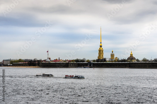 PETERSBURG, RUSSIA-May 5, 2015: Paul and Peter or Petropavlovskaya fortress. View from the river with ship