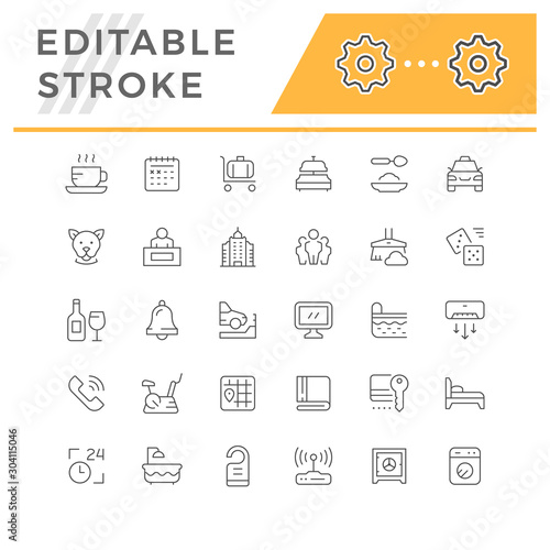 Set editable stroke line icons of hotel