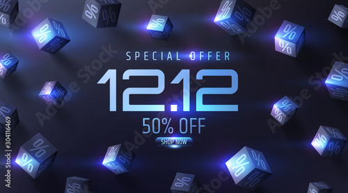 Special offer 12.12 Sale Poster with 3d black cubes of percents on dark background for Retail,Shopping or Promotion in black style.Vector illustration EPS10