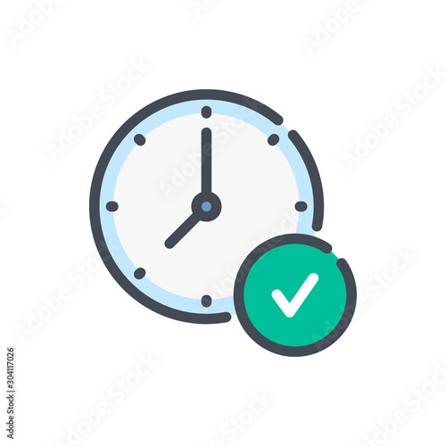 Time and clock with check button color line icon. Watch and time management management vector outline colorful sign.