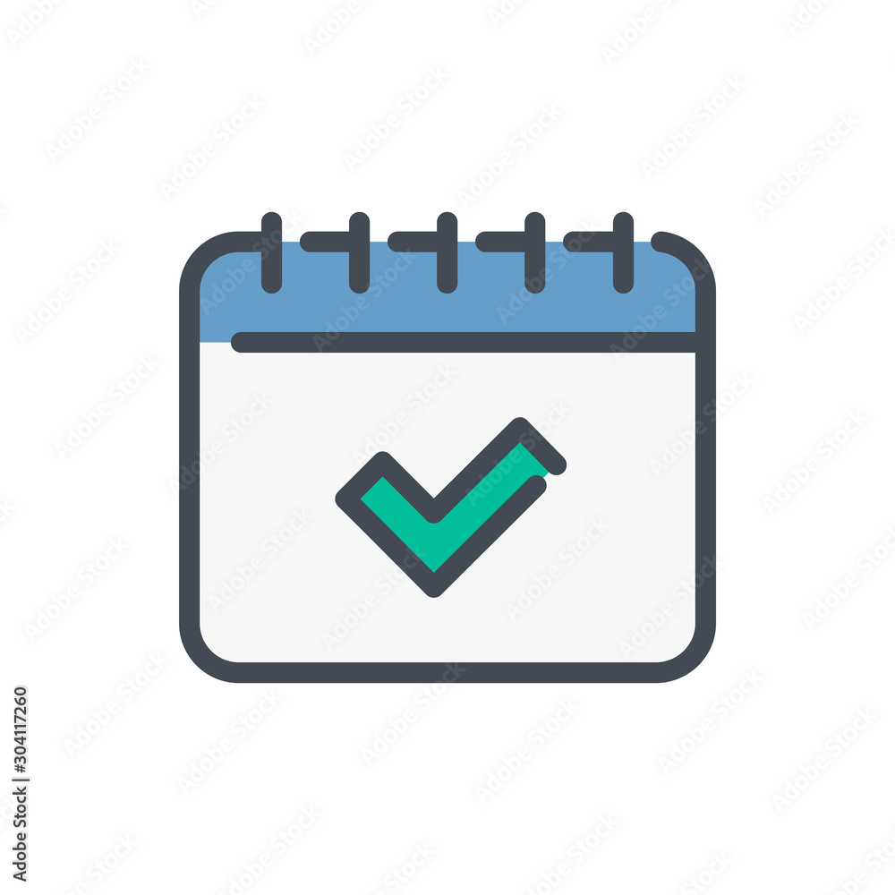 Calendar with check mark color line icon. Data reminder with tick vector outline colorful sign.
