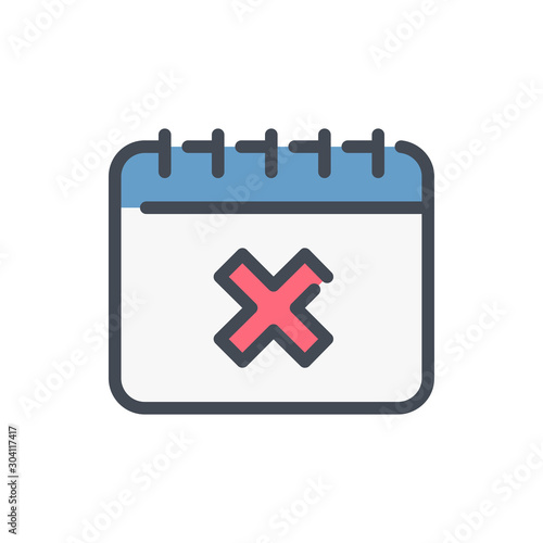 Calendar with decline cross color line icon. Data reminder with X vector outline colorful sign.