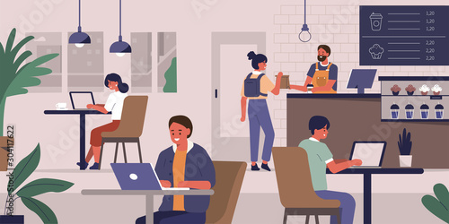 Young People Characters Dinning and Working in modern Coffehouse. Woman and Man Working and Drinking Coffee. Coworking Loft Office with Cafe. Freelancers at Work. Flat Cartoon Vector Illustration. photo