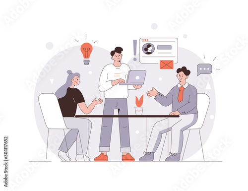  People Characters Working Together. Woman and Men Talking in Business Meeting. Successful Business Team. Teamwork and Brainstorming Concept. Flat Outline Cartoon Vector Illustration.