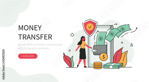 Character  Standing near Smartphone with Wallet, Sending and Receiving Money by Smartphone. Money Transfer and Payment Transaction in Online Banking Mobile App. Flat Cartoon Vector Illustration.
