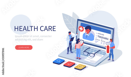 Doctors Characters standing near Laptop with Insurance Card. Medical Staff Checking Patient Health, making Blood Test and Laboratory Diagnostic. Healthcare Concept. Flat Isometric Vector Illustration.