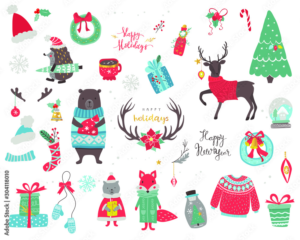 Christmas animals set with characters , christmas tree , snowflakes and gifts . Vector