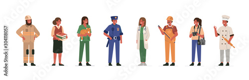  Different Professions People Characters Standing Together. Woman and Man Wearing Professional Uniform. Construction Worker, Doctor, Teacher, Policeman, Fireman. Flat Cartoon Vector Illustration. 