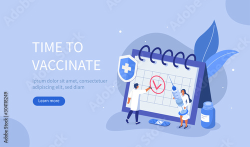  Medical Staff take care about People Immunity. Doctor Create Vaccination Schedule. Nurse holding Syringe. Immunization Campaign Concept. Flat Isometric Vector Illustration.