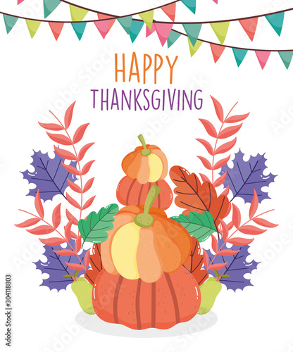 happy thanksgiving celebration pile pumpkins pennants and foliage
