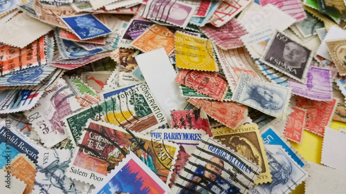 A lot of old used postmarks  post stamps on the table. Washington post museum. USA