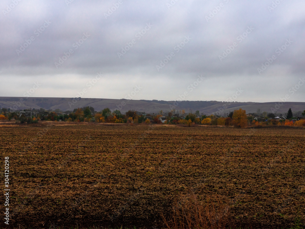 Autumn rural landscape. Bright autumn vegetation. The sky before the rain with low clouds.