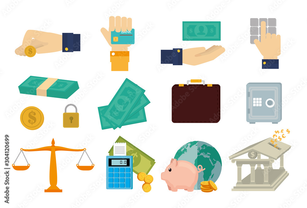 bundle of hands with finance set icons vector illustration design
