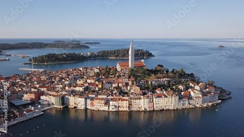 Flight over of old town Rovinj, Istria, Croatia photo